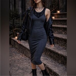 Express Charcoal Beaded Neckline Midi Dress